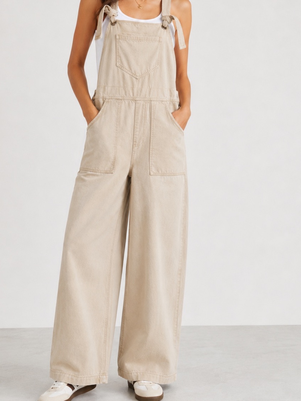 Anthropologie Beige Wide-Leg Organic Cotton Denim Overalls